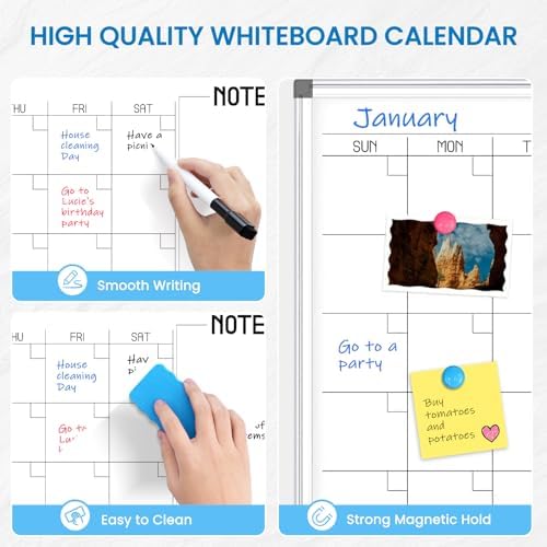 WALGLASS Large Calendar Whiteboard 48x36 Double-Sided Dry Erase for Wall