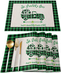 St. Patrick's Day Placemats Set of 6, Farm Buffalo Plaid Truck Shamrock Clover Cotton Linen Heat Resistant Table Mats Washable Spring Holidays Decorations For Kitchen Dining Table Green Black