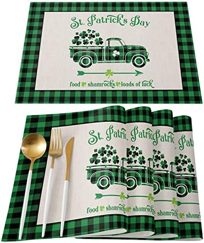 St. Patrick's Day Placemats Set of 6, Farm Buffalo Plaid Truck Shamrock Clover Cotton Linen Heat Resistant Table Mats Washable Spring Holidays Decorations For Kitchen Dining Table Green Black