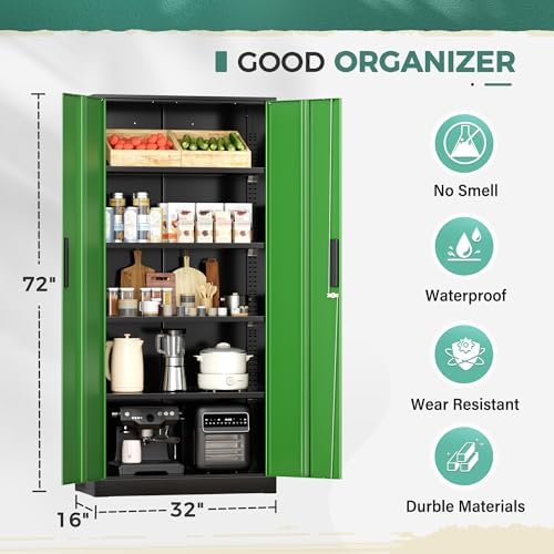 Greenvelly Metal Garage Storage Cabinet, 72" Tall Steel Storage Cabinets with Doors and Adjustable Shelves, Metal Tool Cabinets, Locking File Cabinet for Home Office, Garage, School (Black&Green)