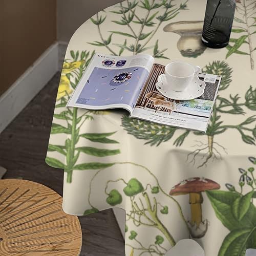 Vintage Botanical Tablecloth, Antique 1900s Mushroom Boho Wildflower Green Herbs Ferns Farmhouse Table Cover for Party Picnic Dinner Decor, 60x60in