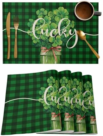 Shamrock Clover Green Buffalo Plaid Placemats Set of 4, Irish Spring Cotton Linen Table Mats Non-Slip Washable Dark Green Check Shamrock St. Patrick's Day Leaf Placemat for Dining Kitchen Table Decor