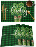 Shamrock Clover Green Buffalo Plaid Placemats Set of 4, Irish Spring Cotton Linen Table Mats Non-Slip Washable Dark Green Check Shamrock St. Patrick's Day Leaf Placemat for Dining Kitchen Table Decor