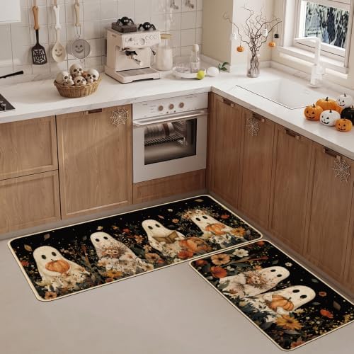 Baccessor Halloween Ghost Kitchen Rugs Set of 2,Spooky Pumpkin Fall Floral Black Mat Rug Indoor Outdoor Low-Profile Non Slip Absorbent Floor Mats for Home Party Holiday Decor 17x29 and 17x47 Inch
