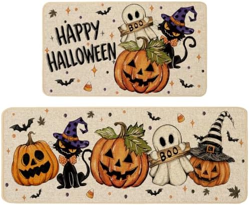 Baccessor Halloween Kitchen Rugs Set of 2, Spooky Pumpkin Ghost Cat Bat Kitchen Mats Low-Profile Non Slip Washable Rugs for Floor Home Decor 17x29 and 17x47 Inch