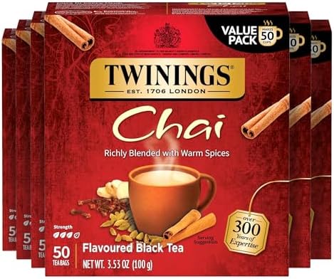 Twinings Chai Black Tea Individually Wrapped Bags, 50 Count (Pack of 6), Sweet, Savoury Spices, Caffeinated, Enjoy Hot or Iced, 300 Teabags