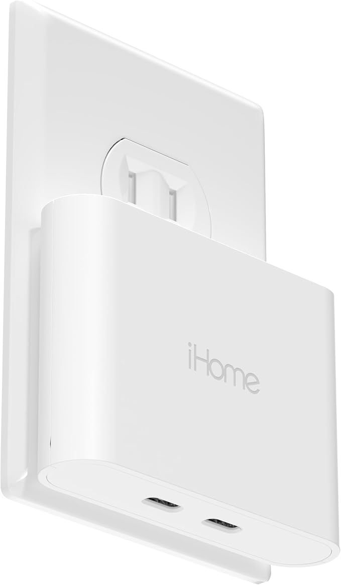 iHome Multiport 40W USB-C Charger, AC Pro 2-Port Flat Block, Dual Fast Charging Wall Adapter | Foldable Prongs, Fast Charging, 2.5x Faster, Charges iPhone, Android, iPad, AirPods, 2 USB-C Ports, Multiport Plug for Home