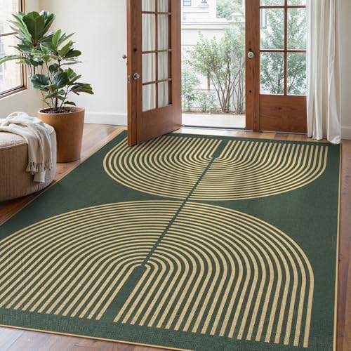 Lahome Rainbow Easy Jute Dark Green Rug, 5x7 Mid Century Modern Rug