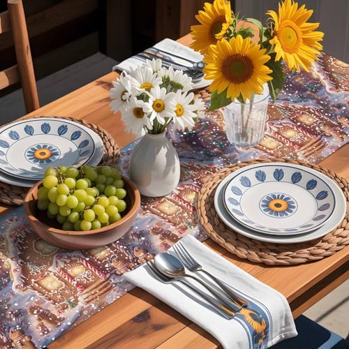 Christmas Table Runner Dresser Scarf 13 x 108 Inch Gingerbread Man House Candy Winter Night Snow Scene Table Runners Non-Slip Heat Resistant Kitchen Dining Table Decor for Home Holidays Indoor Outdoor