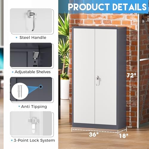 Greenvelly Metal Garage Storage Cabinet, Locking Steel Cabinet with 2 Doors and 4 Adjustable Shelves, Metal Tool Cabinets, Lockable File Cabinet for Home Office, Garage, School (Gray White)