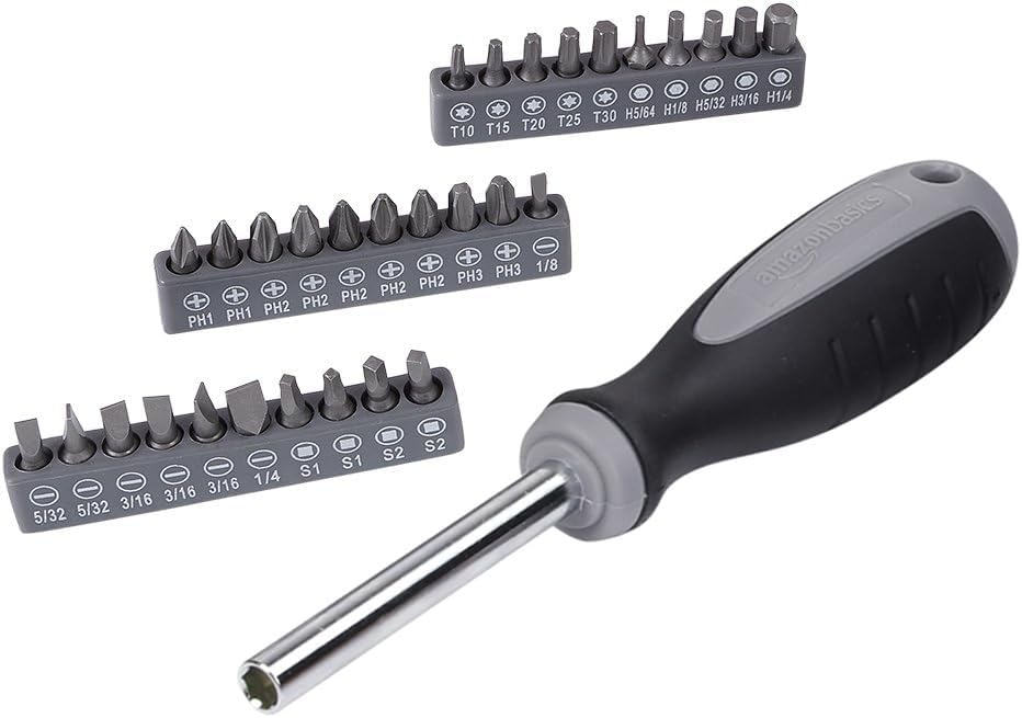 Amazon Basics 65 Piece Home Repair Tool Kit Set With Carrying Bag, Hand Tools, Socket Set, SAE and Metric, Silver, Black