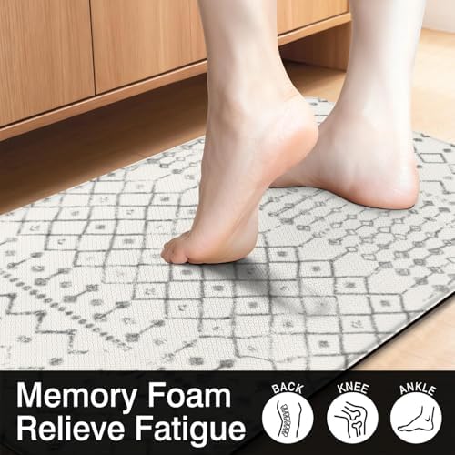 Boho Cushioned Anti Fatigue Mats for Kitchen Floor,Modern Farmhouse Moroccan Non-Slip Water Resistant Runner Comfort Foam Standing Rugs Non Skid for Home Sink,Office,Laundry 17"x47"+17"x30"
