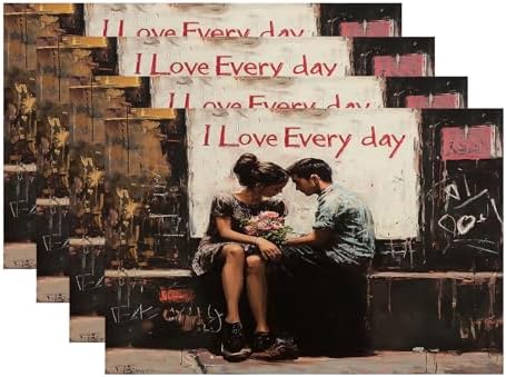Batmerry Couple Love Linen Placemats Set of 4, Two People Sitting Close Love Message in The Washable Table Mats for Kitchen Table Thickened Heat Insulation Dining Set Indoor Outdoor 12X18 in