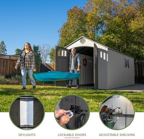 Lifetime Outdoor Storage Shed, 8x20 Ft, Gray, Resin Backyard Tool Shed with Lockable Doors and Weather-Resistant Panels