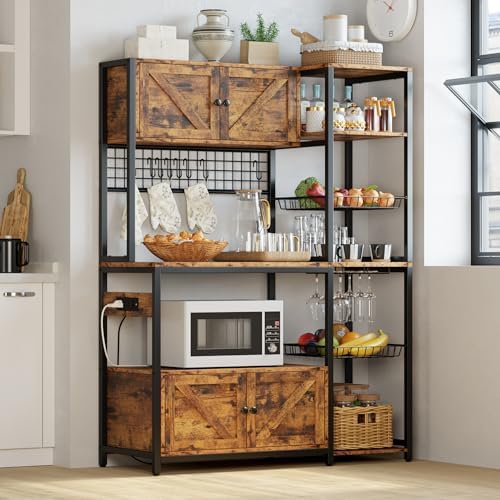 IRONCK Bakers Rack with Cabinet and Power Outlet, Coffee Bar, Vintage Brown