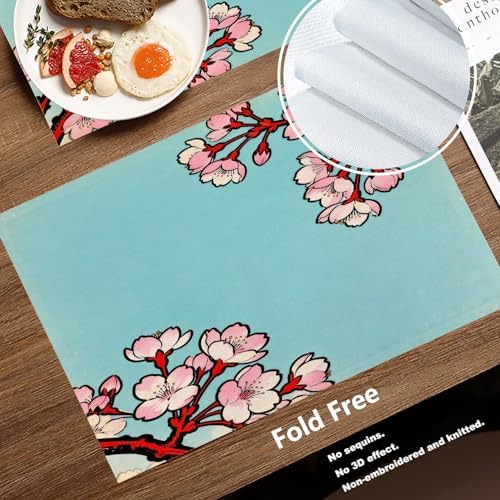 Batmerry Shabby Chic Cherry Blossom Linen Placemats Set of 4, Red Black Cherry Branch Washable Table Mats for Kitchen Table Thickened Heat Insulation Dining Set Indoor Outdoor 12X18 in