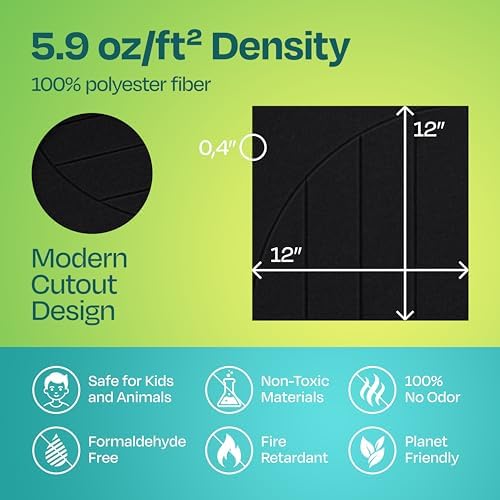 Acoustic Panels 12-Pack Soundproof Wall Panels 12"x12"x0.4" Decorative Sound Dampening for Your Home, Office, Studio, Bedroom & More with Unique ModuArc Carving [Deep Black]