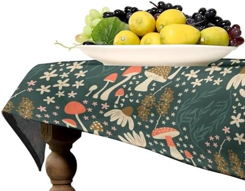 Mushroom Table Cloth, Vintage Woodland Summer Flowers Plants Forest Botanical Leaves Table Cover for Farmhouse Kitchen Dining Room Table Decor 55x75in