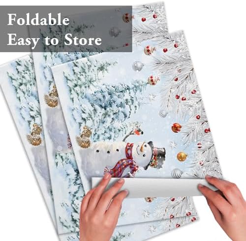 Snowman Placemats Set of 6, Blue Merry Christmas Tree Red Balls Squirrel Heat Resistant Washable Table Place Mats Winter Cotton Table Linens Party Holiday Decor for Kitchen Dining Outdoor Indoor