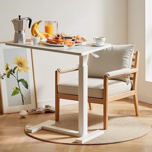 Overbed Bedside Table with Hidden Casters, Adjustable Pneumatic Mobile Laptop Computer Standing Desk, Rolling Laptop Table, Movable Overbed Table Hospital Home Use, White