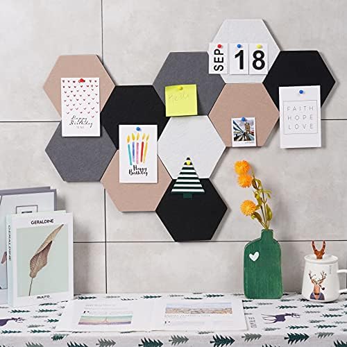 10Pcs Self Adhesive Felt Board Tiles Hexagon Bulletin Board for Walls, Felt Cork Pin Board for Pictures Photos Memos with Push Pins (Color A)