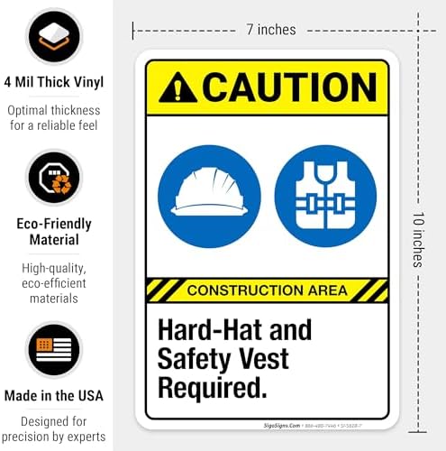 Hard-Hat and Safety Vest Required Sign, ANSI Caution Sign,