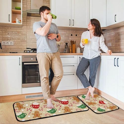 Christmas Gingerbread Man Kitchen Mat Set of 2 Winter Cane Candy Kitchen Rugs 2 Piece Floor Mats Washable Non Slip Rug for Indoor Bedroom Living Room Bathroom Home Decor