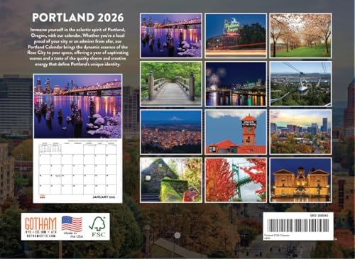 Portland Calendar 2026 Wall 12 Month Monthly OR Scenic Souvenirs Oregon Themed Gifts | American Made In The USA