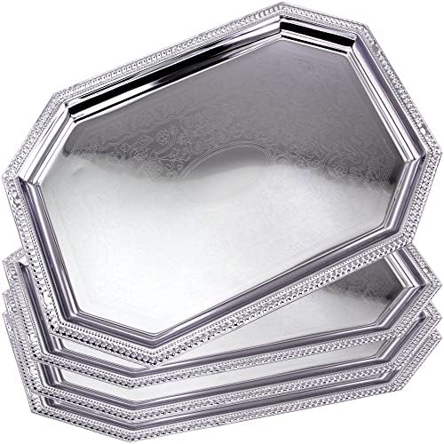(Pack of 4) Elegant Floral Engraved Serving Tray Chrome Plated Steel Plate Platter Decorative Wedding Birthday Party Shiny Silver Color (Octagonal 20.1" x 13.8")