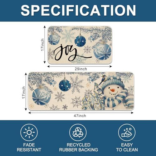 JarThenaAMCS Winter Christmas Kitchen Mats Blue Snowman Xmas Ball Snowflake Welcome Floor Mat Non-Slip Door Rugs for Indoor Outdoor Bathroom, 17 x 29 Inch & 17 x 47 Inch