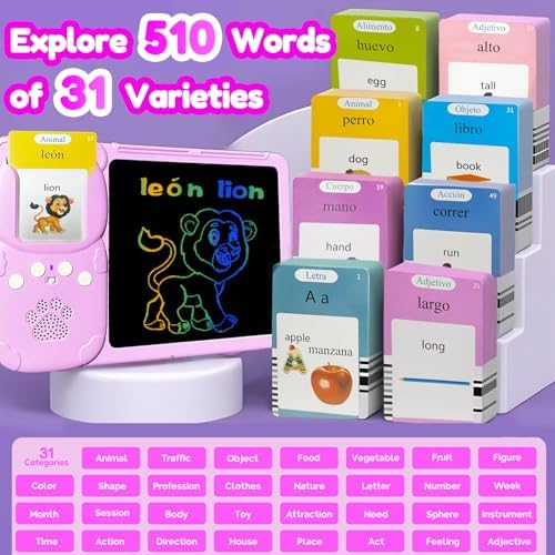 Writing Tablet with Bilingual Flash Cards for Kids, Spanish Pink