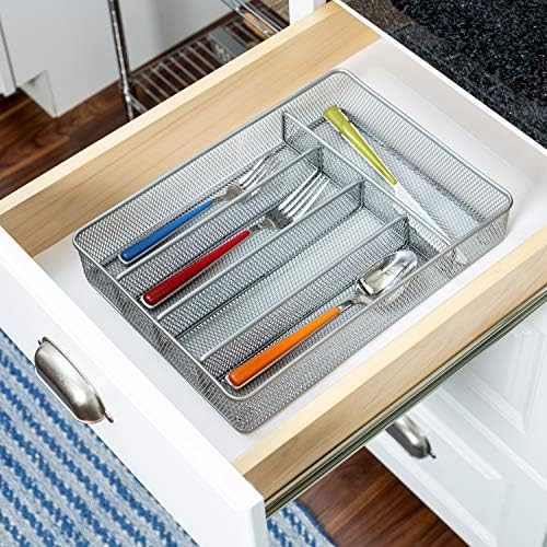 Honey-Can-Do KCH-02154 Steel Mesh 5-Compartment Cutlery Utensil Organizer, Silver (Pack of 6)