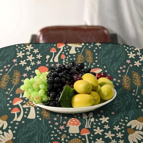 Mushroom Table Cloth, Vintage Woodland Summer Flowers Plants Forest Botanical Leaves Table Cover for Farmhouse Kitchen Dining Room Table Decor 55x75in