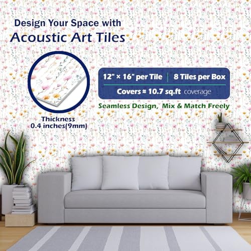 PINWELIFE® Acoustic Art Tiles – 8-Pack 12"x16" Sound Absorbing Panels, Seamless Wallpaper-Style Decorative Acoustic Wall Art, Echo Reduction for Home Studio/Office, Nano Tape Included