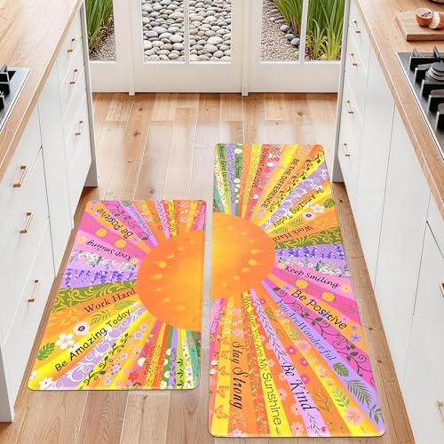 Boho Kitchen Mats for Floor Floral Cushioned Anti Fatigue Mats for Kitchen Floor for Sink, Stove, Desk, Laundry,17"x30"+17"x47", Orange