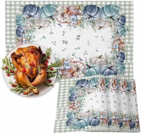 Fall Thanksgiving Placemats Set of 4, Navy Blue Pumpkins Green Eucalyptus Leaves Heat Resistant Washable Table Place Mats Sage Farmhouse Plaid Table Linens Decor for Home Kitchen Dining Outdoor Indoor