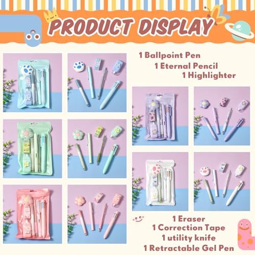 Sayglossy 5 Sets 7 Pcs Kawaii Stationery Set Cute Stationery Mini Office Supply Kit Cute School Supplies Including Ballpoint Pens Pencil Sharpener Highlighter Correction Tape Ruler Utility Knife