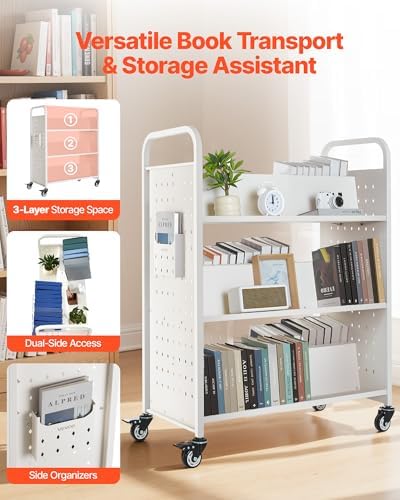 VEVOR Rolling Library Book Cart, 330 lbs Capacity, 38.2 x 20.3 x 48.2-Inch Library Cart, Double Sided W-Shaped Shelves with 3-Inch Lockable Wheels, Book Truck for Home Shelves Office and School, White