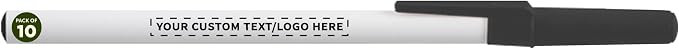 DISCOUNT PROMOS Custom Value Stick Pens Set of 10, Personalized Bulk Pack - Blue Ink, Great for Office, School, Business, Tradeshows, Events - Black Cap