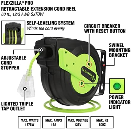 Flexzilla Retractable Extension Cord Reel, 12/3 AWG SJTOW Cord, 60', Grounded Triple Tap Outlet, ZillaGreen, FZ8120603