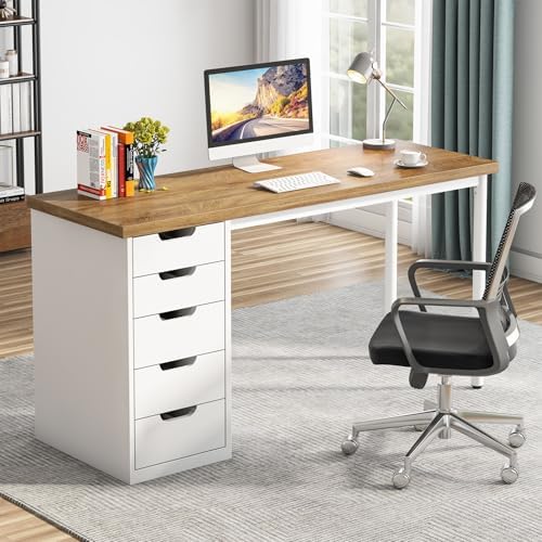 Tribesigns Computer Desk with 5 Drawers, 47 inches Rustic Brown Home Office Desk with Storage, Modern Simple Laptop Desk Study Writing Table for Small Spaces (1, Walnut+White)