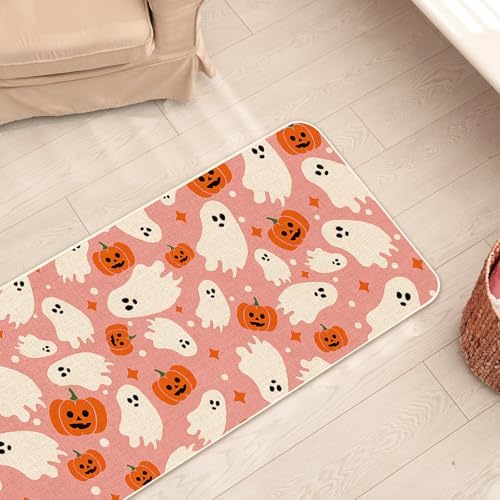 JarThenaAMCS Halloween Kitchen Mats Set of 2 Pink Ghost Pumpkin Kitchen Floor Mat Non-Slip Decorative Bathroom Rugs for Party Home Entrance, 17 x 29 Inch & 17 x 47 Inch
