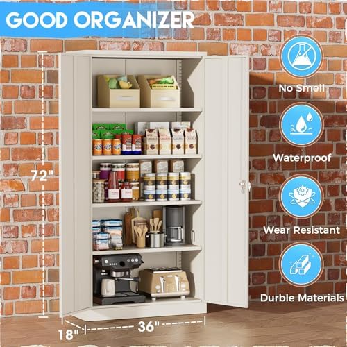 Greenvelly Garage Storage Cabinet,72" Metal Cabinet with 2 Doors and 4 Shelves,Steel File Cabinet for Home Office, Garage, Classroom（Grey 36" X 18"）