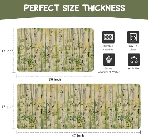Spring Summer Farmhouse Kitchen Rugs and Mats Set of 2,Green Watercolor Birch Trees Enchanted Forest Non Slip Washable Floor Sink Mats Decorations for Home Kitchen 18"x48"+18"x30"