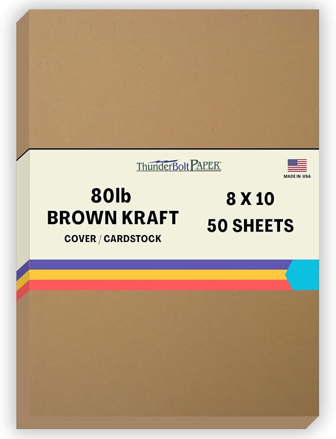 50 Brown Kraft Fiber 80# Cover Paper Sheets - 8" X 10" (8X10 Inches) Photo|Picture-Frame Size - Rich Earthy Color with Natural Fibers - 80lb/pound Cardstock - Smooth Finish