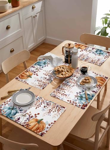 Fall Thanksgiving Placemat, Watercolor Pumpkins Eucalyptus Leaves Heat Resistant Washable Linen Table Place Mats Party Holiday Decor for Home Kitchen Dining Outdoor Indoor, Blue Orange