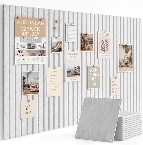 AHEONLAR Felt Bulletin Board 48" x 36", Cork Boards for Walls, 12 Pack Bulletin Board Large Cork Board for Office, Felt Boards with 70 Safe Removable Adhesive Tabs Wall Decor for Home(Light Gray)