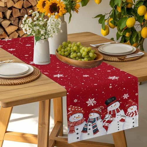 Christmas Snowman Red Table Runner Dresser Scarf 13 x 36 Inch Cute Xmas Snowman Snowflakes Winter Table Runners Non-Slip Heat Resistant Kitchen Dining Table Decor for Home Holidays Indoor Outdoor