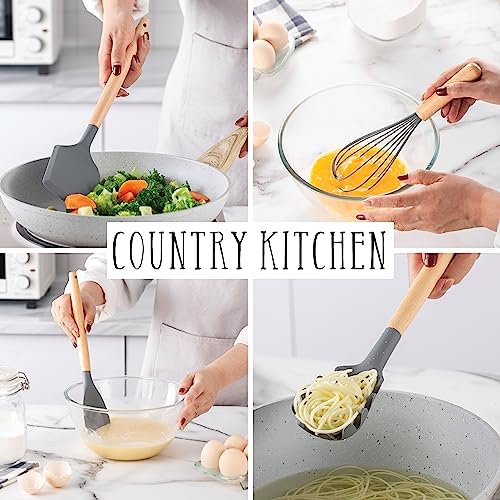 Country Kitchen Non Stick Silicone Utensil Set with Rounded Wood Handles for Cooking and Baking, 14 Piece Set, Gray