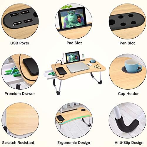 Slendor Bed Desk for Laptop and Writing with Storage, Cup Holder, Light